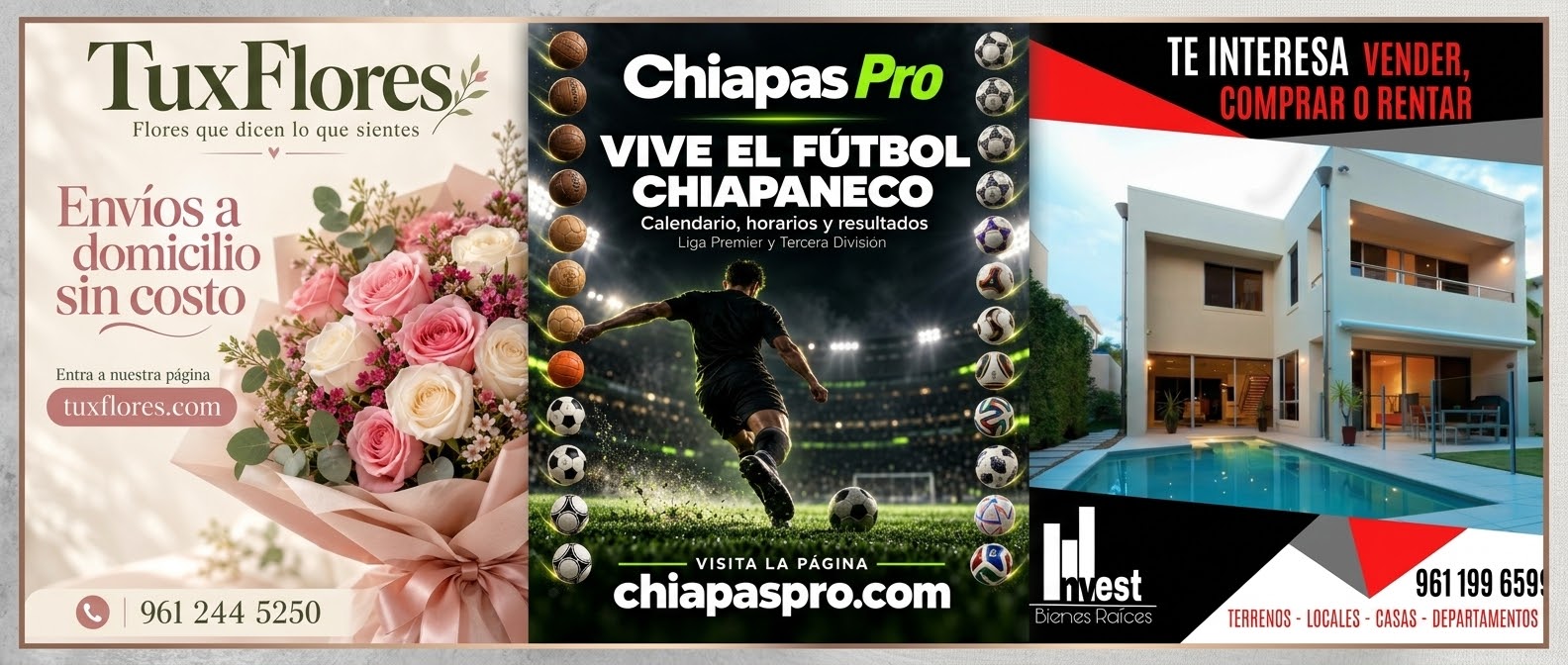 Sponsors oficiales de Chiapas Pro: TuxFlores — flores que dicen lo que sientes, envíos a domicilio sin costo, tuxflores.com · Chiapas Pro — vive el fútbol chiapaneco, chiapaspro.com · Invest Bienes Raíces — te interesa vender, comprar o rentar, informes 961 199 6599